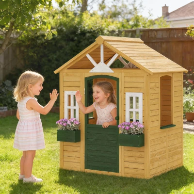 AIYAPLAY Casita Infantil Exterior e Interior de Madera Casita Infantil con 2 Maceteros 3 Ventanas Puerta para 3-8 Años Marrón