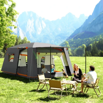 Outsunny Kampeertent voor 5 personen lichtgewicht, stabiel, waterdicht tunneltent met luifel, grondzeil, donkergrijs