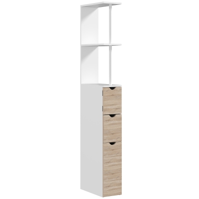 HOMCOM Columna de Baño Moderno Mueble Auxiliar de Baño con 2 Estantes 2 Cajones y 1 Puerta Antivuelco 15x33x136,8 cm Natural