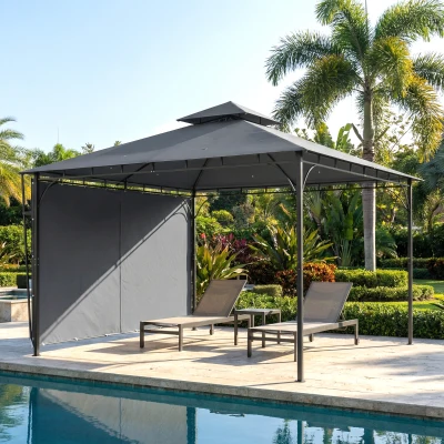 Outsunny Pavillon 3,2x3,2 m Stabil Winterfest Gartenpavillon mit ausziehbaren Dachüberstand, Doppeldach Dunkelgrau