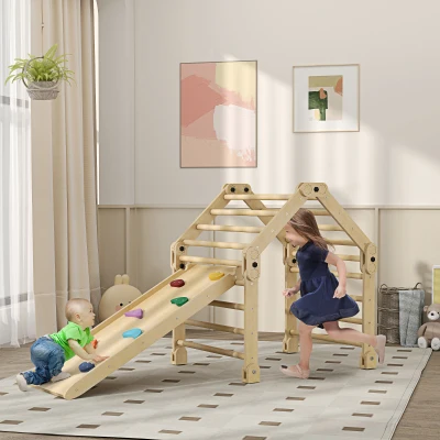 AIYAPLAY 3-in-1 Klimrek, opvouwbaar, Ladder & Glijbaan/Klimmuur, Hout, voor Kinderen van 1,5-4 Jaar