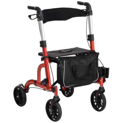 HOMCOM Folding Rollator Walker with Seat and Backrest Red