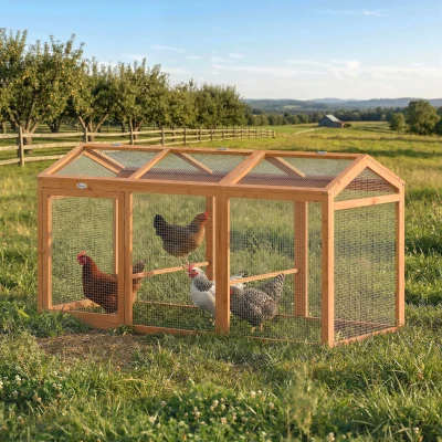 PawHut Hühnerstall Freilaufgehege mit Sitzstange Doppeltüren, aus Holz und Metall, für 4 Hühner, 156 x 70,5 x 84 cm Orange