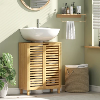 HOMCOM Meuble Sous-Lavabo Bambou 2 Portes Étagère Ajustable