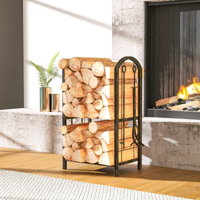 Outsunny Estante de Leña de Metal de 2 Niveles con 4 Herramientas para Chimenea y Ganchos 43x30x74 cm Marrón Oscuro