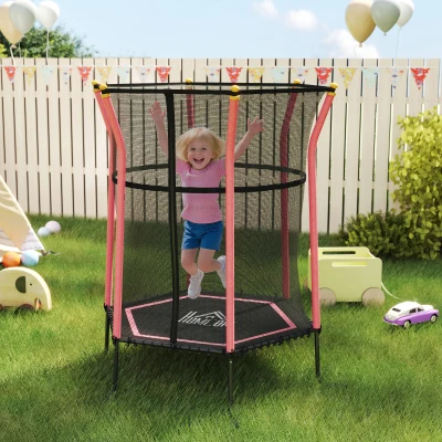 HOMCOM Trampolin für Kinder, 122 x 111 cm, mit Sicherheitsnetz, gepolstert, Stahl, belastbar bis 50 kg, Schwarz & Rot