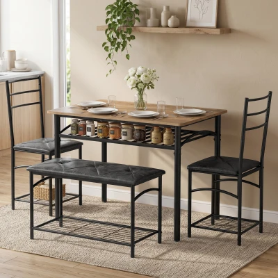 HOMCOM Set de dining 4 piese, masă de bucătărie în stil industrial cu 2 scaune și bancă pentru 4 persoane, scaune tapițate cu piele PU, maro