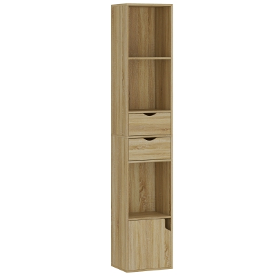 HOMCOM Librería 6 Estantes Con Cajón, Puerta, Baldas Abiertas, 30x24x158 Cm, Roble