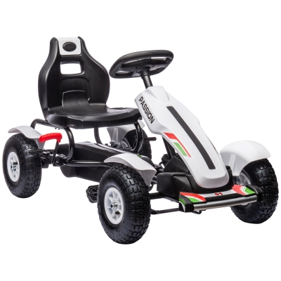 HOMCOM Gokart Tretauto mit Handbremse, verstellbarem Sitz, Vor- und Rückwärtsgang, bis 50kg für Kinder 5-12 Jahren Weiß