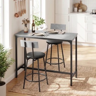 HOMCOM Mesa de bar con 2 taburetes acolchados y reposapiés para comedor, espacios pequeños, gris