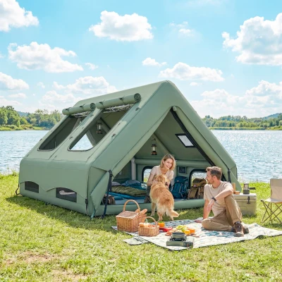 Outsunny Aufblasbares Zelt 8-10 Personen Schneller Aufbau 4-Jahreszeiten Wasserdicht Kratzfest Zelt mit Kaminöffnung Dachfenster