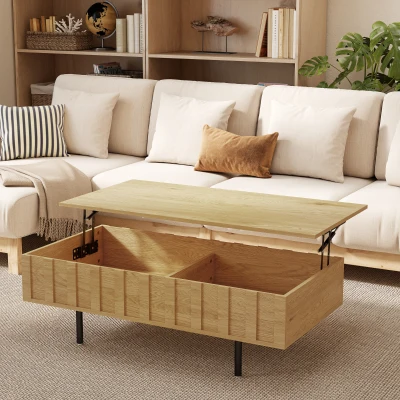 HOMCOM Table Basse Relevable Chêne 110x55cm Mid-Century Compartiments
