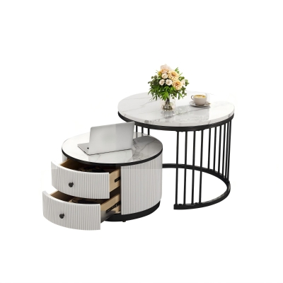 High Gloss Nesting Coffee Table with Marble Pattern Top, White+Black