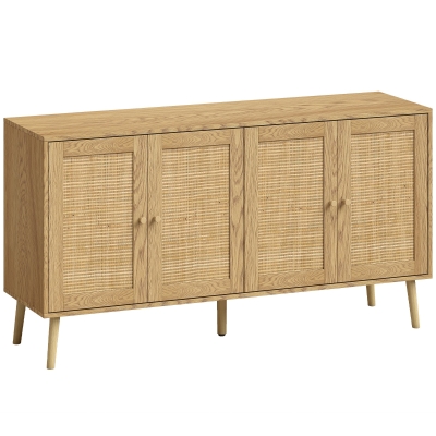 HOMCOM Aparador de rattan com 4 portas, buffet de cozinha boho com 2 prateleiras ajustáveis, acabamento madeira natural