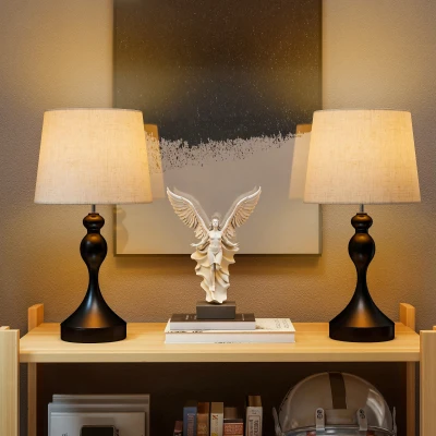 HOMCOM Set of 2 Lamps with USB Ports Black/Beige