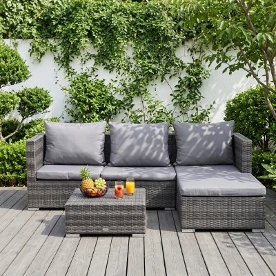 Outsunny 3PC Rattan Sofa Set 4 Seater with Cushions Grey