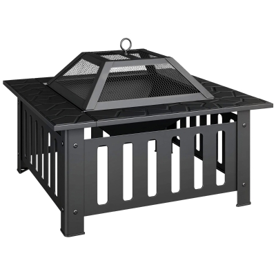 Outsunny Vuurschaal van Staal - Vuurkorf met Vonkenscherm en Pook - Voor Outdoor BBQ of Camping - 67x67x47cm - Zwart