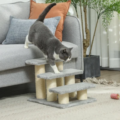 PawHut Escada para Cães 3 Degraus 34 cm de Altura Escada para Animais para gatos e cães Escada para Gatos Rampa de Acesso para Cama Sofá Divã Cinza