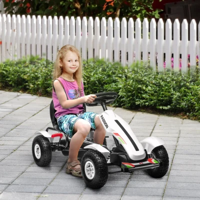 HOMCOM Gokart Tretauto mit Handbremse, verstellbarem Sitz, Vor- und Rückwärtsgang, bis 50kg für Kinder 5-12 Jahren Weiß