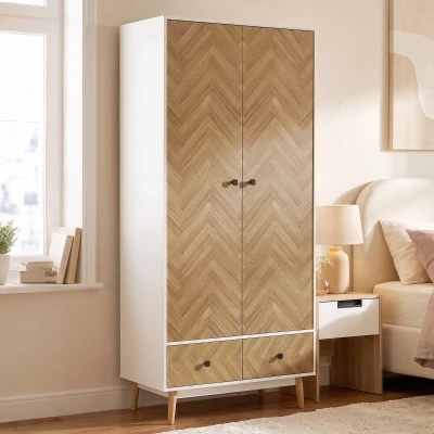 HOMCOM Modern Wardrobe Cabinet Wood 2 Rods 2 Drawers White