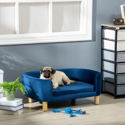 PawHut Sofá para Perros Pequeños con Patas de Madera Funda Lavable y Cojín Desmontable 86x55x33 cm Azul