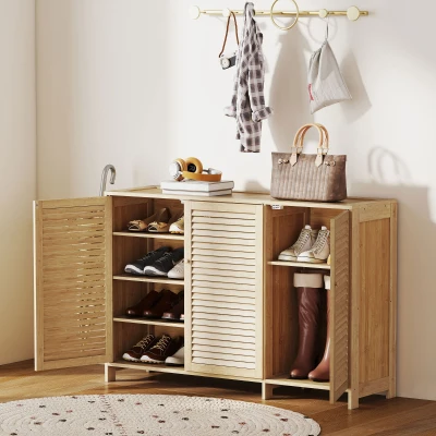 HOMCOM Zapatero de Bambú para 18 Pares con Puertas de Lamas y Estantes Ajustables Madera Natural