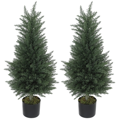 Outsunny Set 2 Plante Artificiale de Chiparos cu 362 Frunze și Ghiveci cu Ciment și Mușchi, Plante Rezistente la UV, Ø40x90 cm, Verde