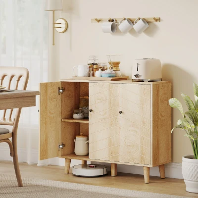 HOMCOM Buffet Cuisine, Meuble de Rangement avec 3 Portes à Motif Chevron et Pieds en Bois de Pin, 88,3x30x76cm, Bois Naturel