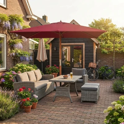 Outsunny Zonnescherm tuinscherm knikbaar bescherming tegen de zon 3-delig hout+polyester wijnrood