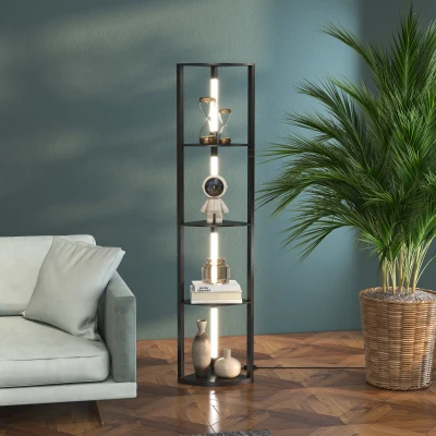 HOMCOM LED Staande Lamp, Hoekplank, Dimbaar, 4 Planken, Warm Wit Licht, 41x30x164cm, Zwart