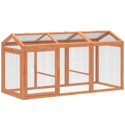 PawHut Hühnerstall Freilaufgehege mit Sitzstange Doppeltüren, aus Holz und Metall, für 4 Hühner, 156 x 70,5 x 84 cm Orange