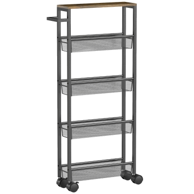 HOMCOM Keukentrolley serveertrolley 5 niveaus, rolwagen keukenrek met werkblad, wielen & greep, 47 x 13 x 96,5 cm, zwart