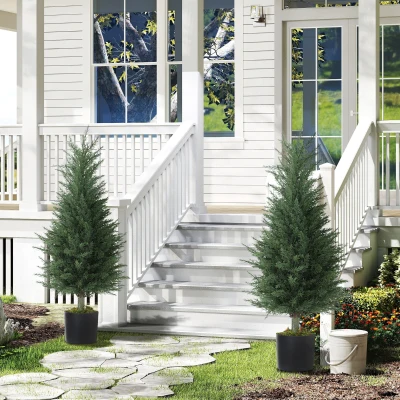Outsunny Set 2 Plante Artificiale de Chiparos cu 362 Frunze și Ghiveci cu Ciment și Mușchi, Plante Rezistente la UV, Ø40x90 cm, Verde