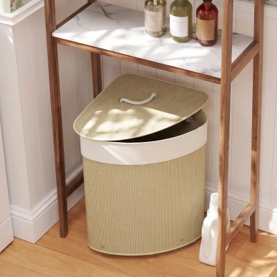 HOMCOM Wäschekorb im Eckdesign, Bambusgeflecht, 55 Liter, Stoffbeutel, Metallrahmen, Creme