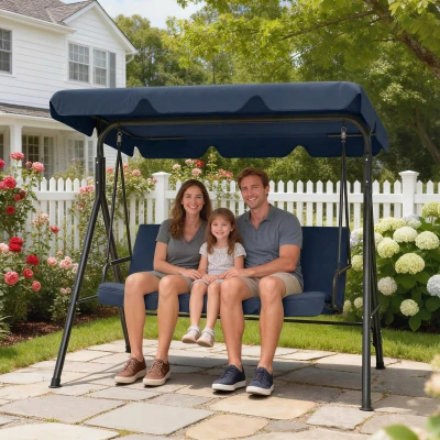 Outsunny Balancín de Jardín Exterior Columpio de 3 Plazas con Toldo Ajustable y Marco de Acero 172x118x153 cm Azul Marino