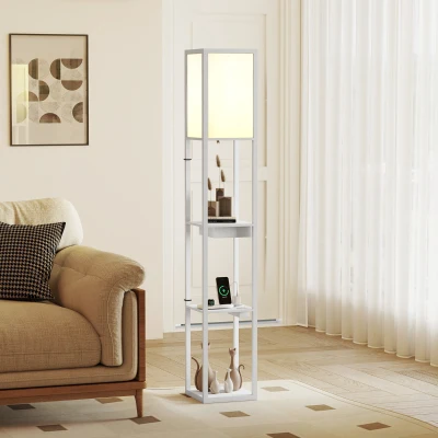 HOMCOM Lâmpada de Pé com Prateleira de 3 Níveis Interruptor de Pé Portas USB MDF Branco