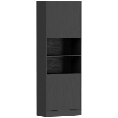 HOMCOM Aparador Alto de Cocina, Armario de Cocina, 4 Puertas con Cierre Suave, 2 Compartimentos Abiertos y Estantes Regulables, Negro