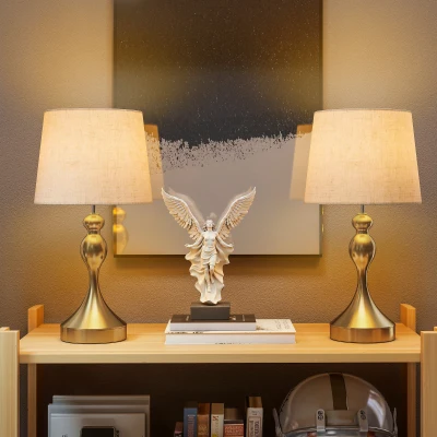 HOMCOM Modern Table Lamps Set with USB Ports, Linen Shade Gold