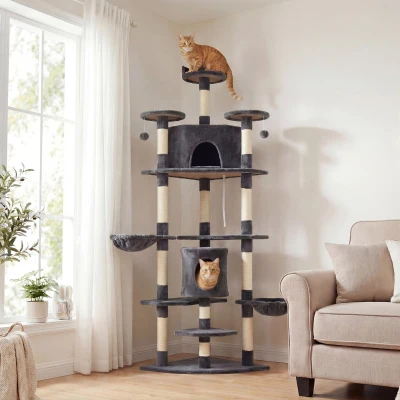 PawHut Árvore Arranhador para Gatos Alta com Casinhas e Redes, 60x60x200cm, Cinza Escuro