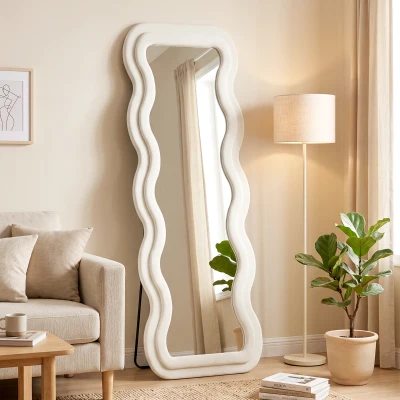 HOMCOM Espejo de Cuerpo Entero 160x60 cm Marco Ondulado Aterciopelado Independiente Apoyado y de Pared Crema