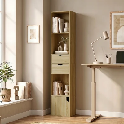 HOMCOM Librería 6 Estantes Con Cajón, Puerta, Baldas Abiertas, 30x24x158 Cm, Roble