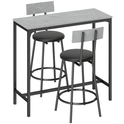 HOMCOM Mesa de bar con 2 taburetes acolchados y reposapiés para comedor, espacios pequeños, gris