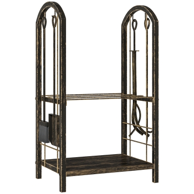 Outsunny Estante de Leña de Metal de 2 Niveles con 4 Herramientas para Chimenea y Ganchos 43x30x74 cm Marrón Oscuro