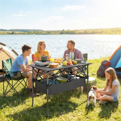 Outsunny Klappbarer Rollbarer Picknicktisch Tragbarer Campingtisch mit Netzablage und Tragetasche für den Außenbereich, Schwarz