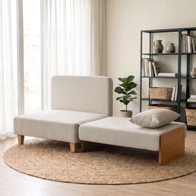 HOMCOM Sillón Cama Individual 2 en 1 Plegable con Cojines, Salvaespacio en Tejido Mixto Lino-Terciopelo, Crema