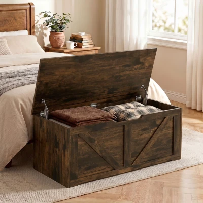 HOMCOM Storage Box 127L Wood-Effect Safety Hinges Rustic Brown