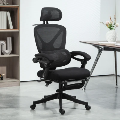 HOMCOM Scaun de birou ergonomic cu tetieră reglabilă, fotoliu de birou reclinabil din plasă, spătar separat, negru