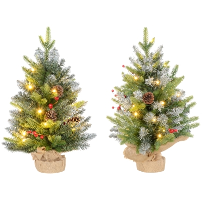 HOMCOM Set of Two 2ft Christmas Trees with Lights & Berries
