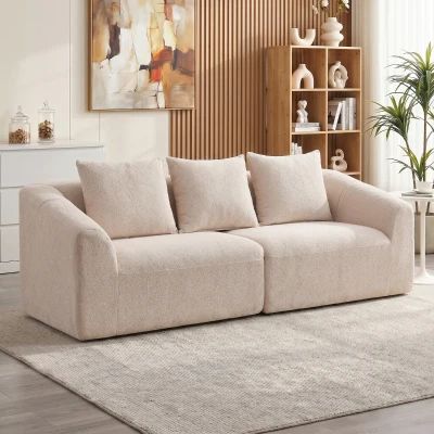 HOMCOM Sofá de 3 plazas, Cloud Couch chenilla sin armazón, acolchado grueso con muelles ensacados, asiento extra ancho, 3 cojines, Beige