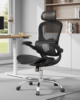 DEVAISE Ergonomic High Back Chair, Breathable Mesh Office Chair Featuring Dynamic Lumbar Support, Adjustable Headrest, 3D Armrests and 360° Swivel Function for Home Office, Black